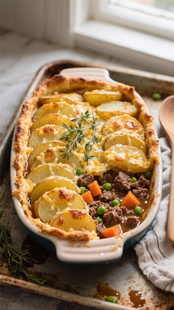 Overhead shot of the baked minced beef and potato cobbler just out of the oven: golden, overlapping 