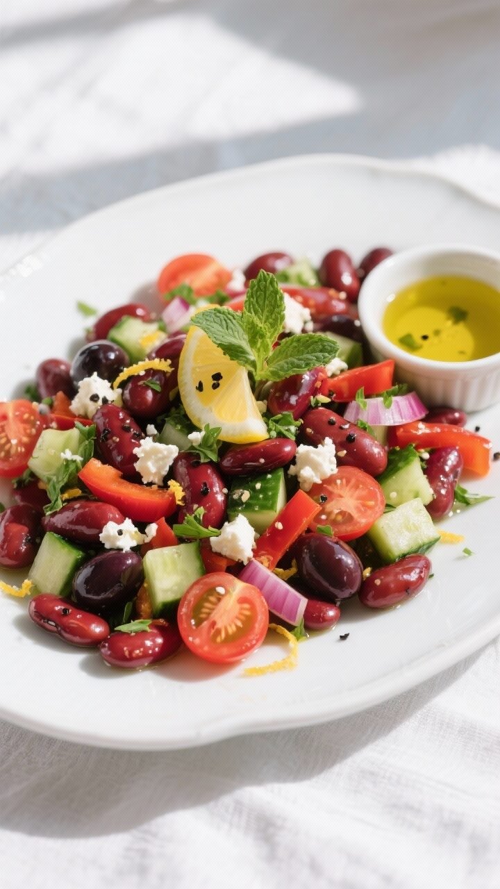Overhead shot of the finished Mediterranean Kidney Bean Salad glistening with lemon-olive oil dressi