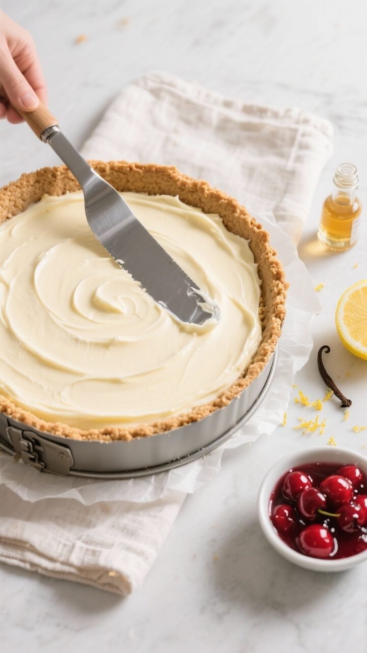 Overhead, top-down process shot of the assembled cheesecake just after smoothing the filling, before