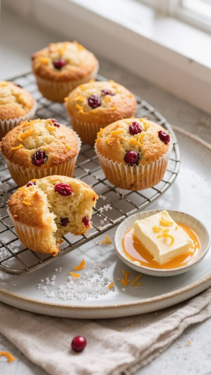 Tasty top view, final dish: Overhead shot of a wire rack holding freshly baked cranberry orange zest