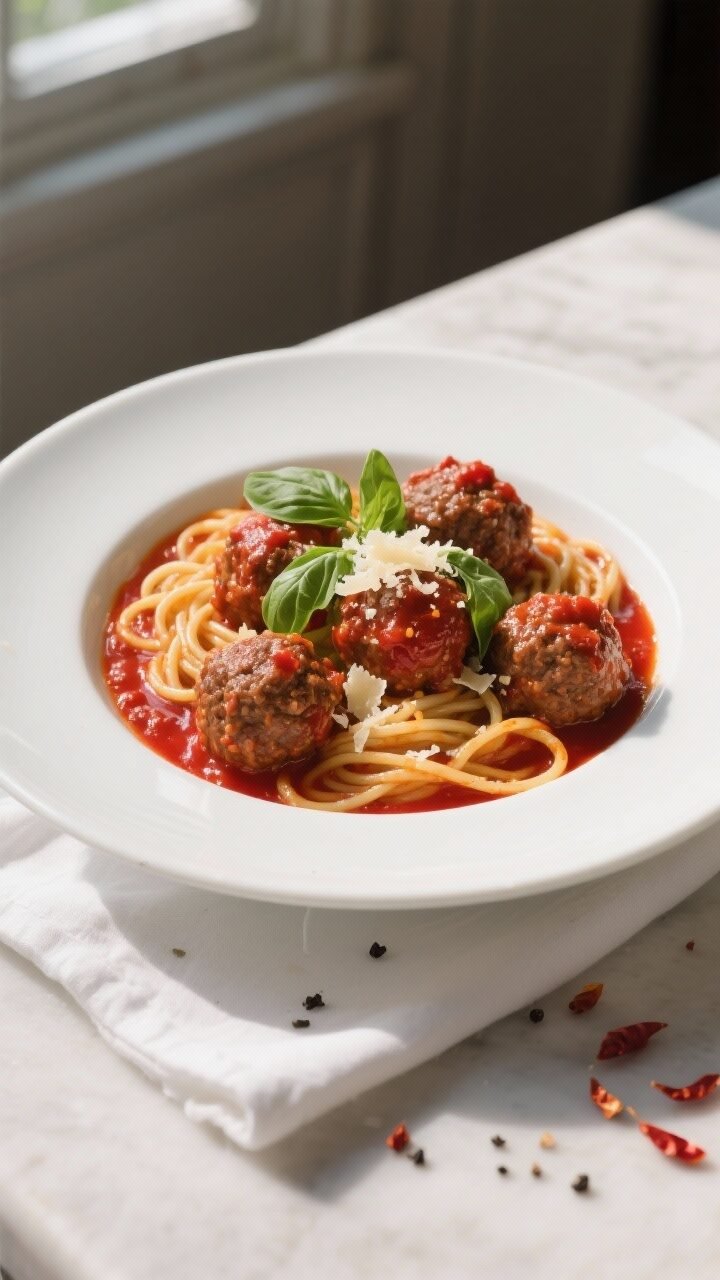 Tasty top view, final dish: Overhead shot of spicy ground beef meatballs simmered in rich marinara, 