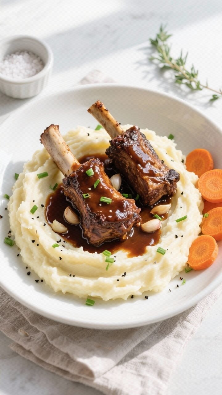 Tasty top view final plate: Overhead shot of a generous swoop of ultra-smooth garlic mashed potatoes