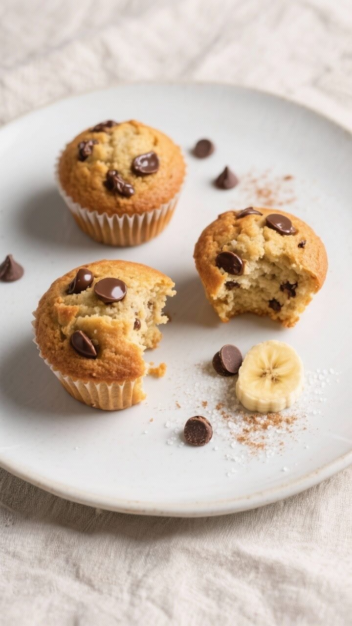 Tasty top view, final presentation: Overhead shot of three banana chocolate chip muffins on a matte 