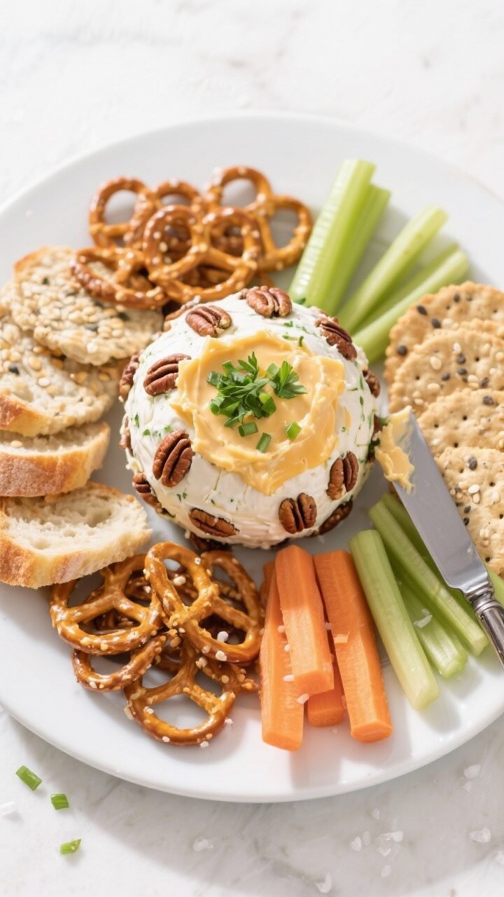 Tasty top view, final presentation: Overhead shot of a fully chilled classic cheese ball coated in p