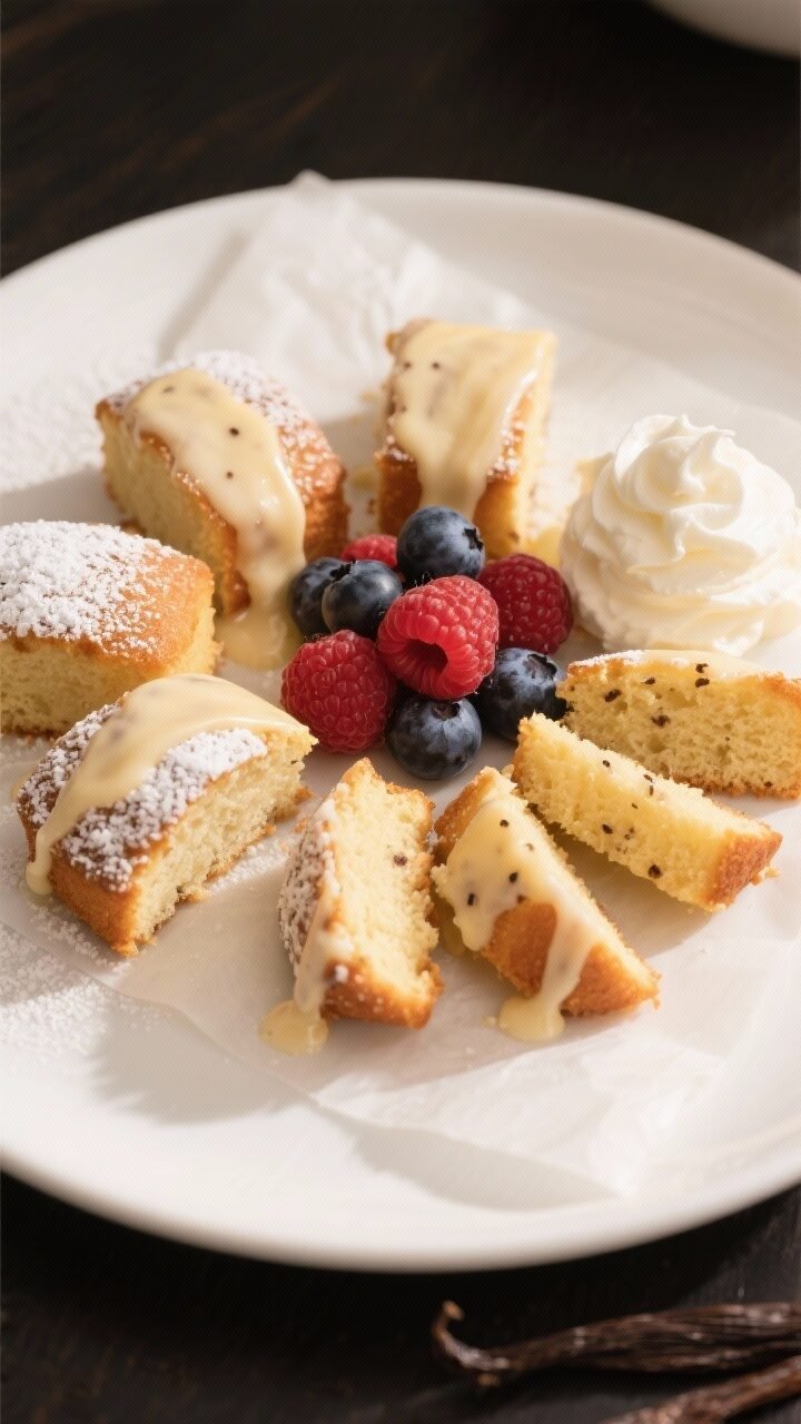 Tasty top view, final presentation: Overhead shot of mini vanilla pound cakes on a matte white platt