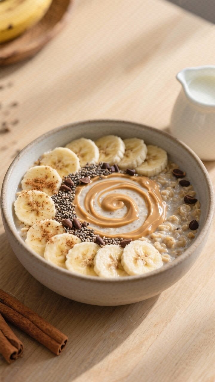 Tasty top view: Overhead shot of a finished bowl of Banana Overnight Oats with Cinnamon, beautifully
