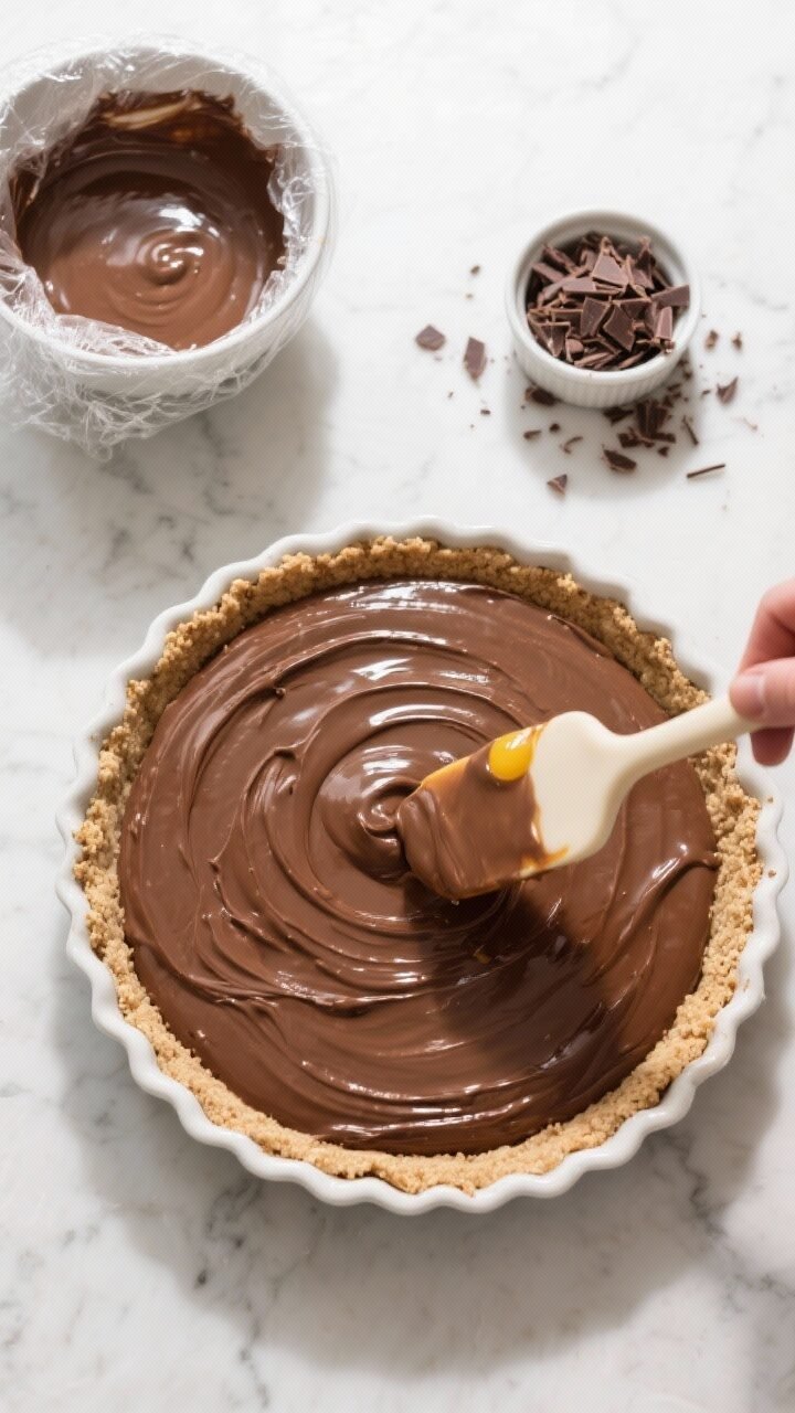 Tasty top view (process): Overhead shot of the warm, freshly made chocolate filling being poured and