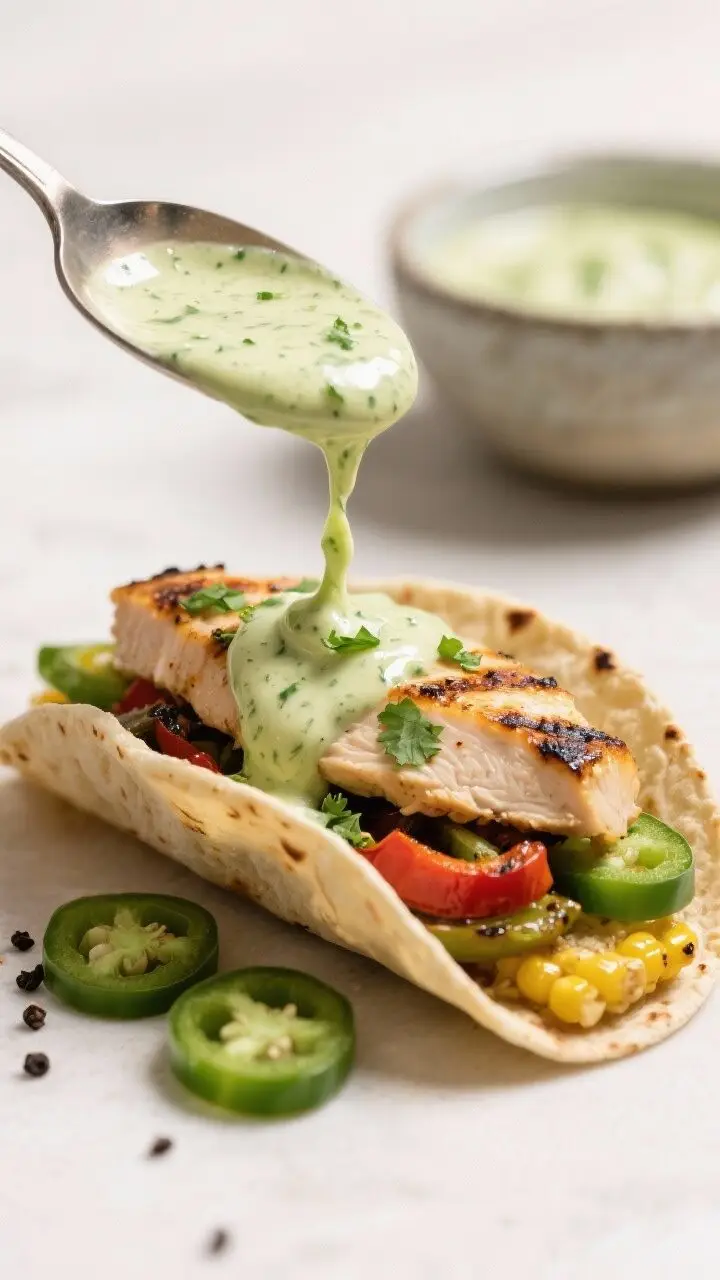 Close-up detail: A spoonful drizzle of creamy cilantro-lime dressing cascading over a grilled chicke