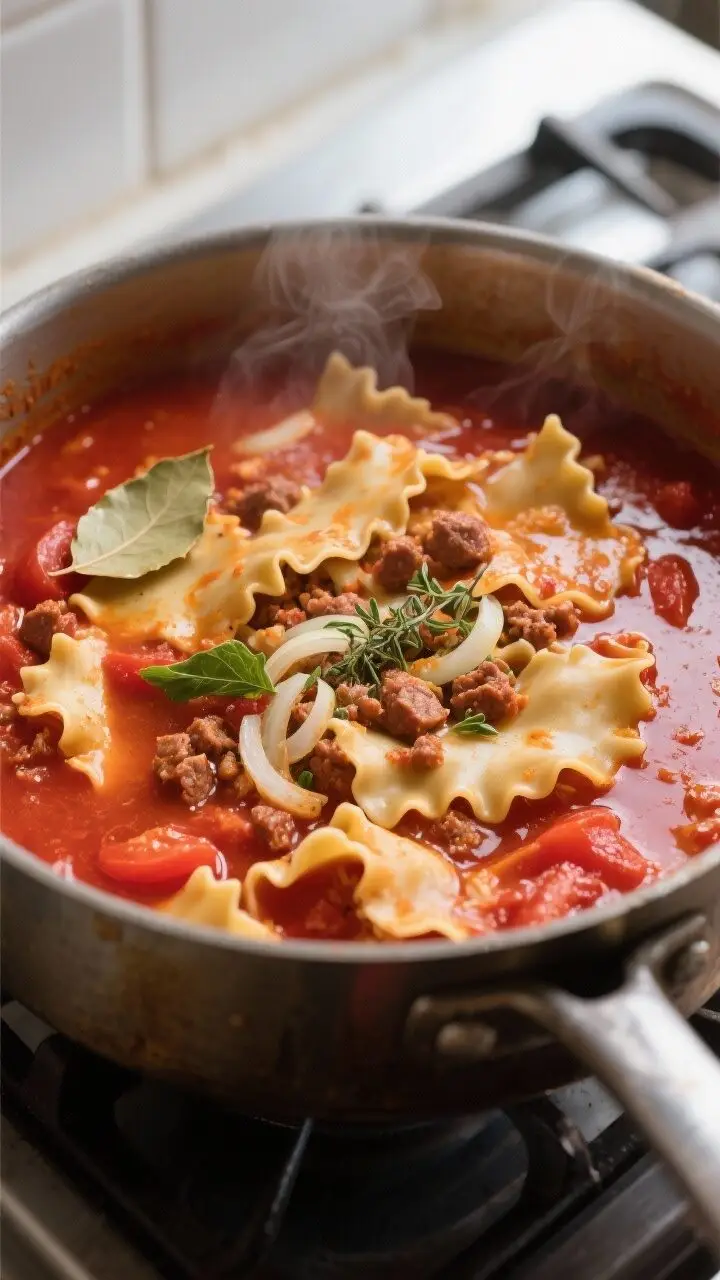 Close-up detail, cooking process: A deep, tomato-forward lasagna soup simmering in a wide, heavy pot