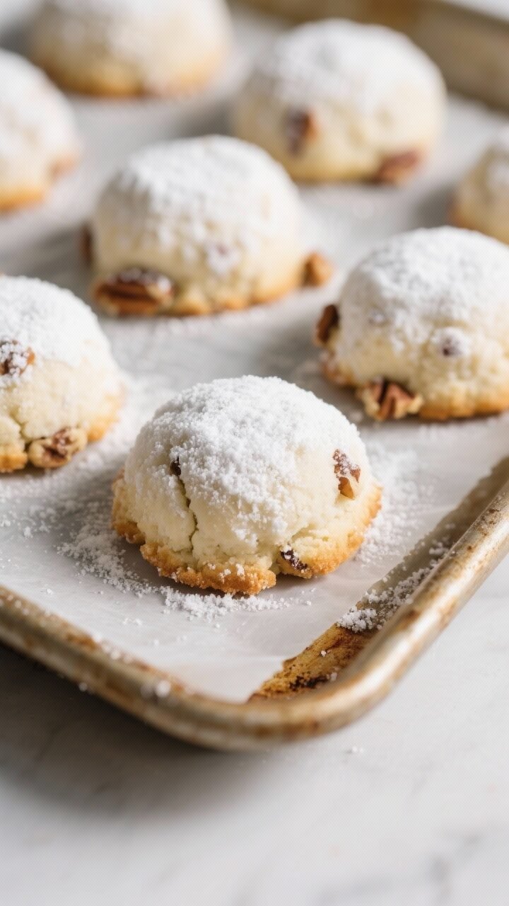 Close-up detail, cooking process: A tray of freshly baked keto snowball cookies just out of the oven