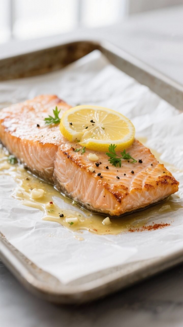 Close-up detail, cooking process: Lemon garlic baked salmon just out of the oven on a parchment-line