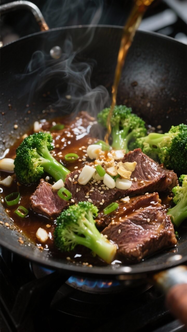 Close-up detail, cooking process: Searing thin slices of flank steak and crisp-tender broccoli in a 