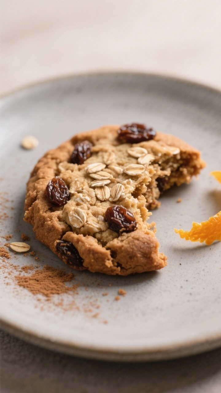 Close-up detail of a single oatmeal raisin cookie broken in half on a matte ceramic plate, gooey, ch