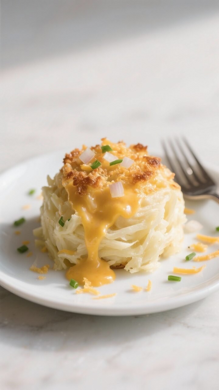 Close-up detail of a single scoop served on a small white plate: ultra-creamy shredded potatoes with