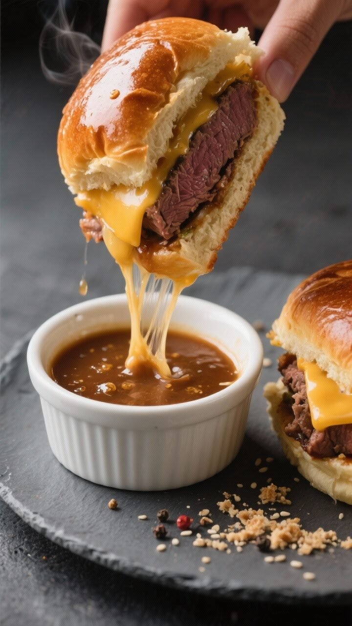 Close-up detail of a single sliced slider being dipped into au jus, mid-dunk, showing strands of mel