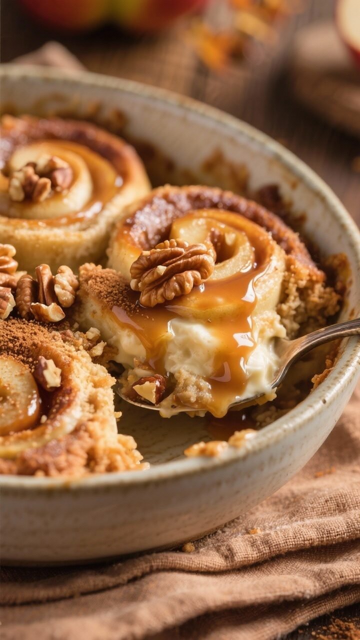Close-up detail of a warm serving of Apple Cinnamon Roll Bake spooned into a shallow ceramic bowl, s