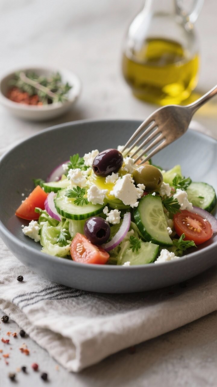 Close-up detail of the final plated Mediterranean-style variation: the salad mounded in a shallow sl
