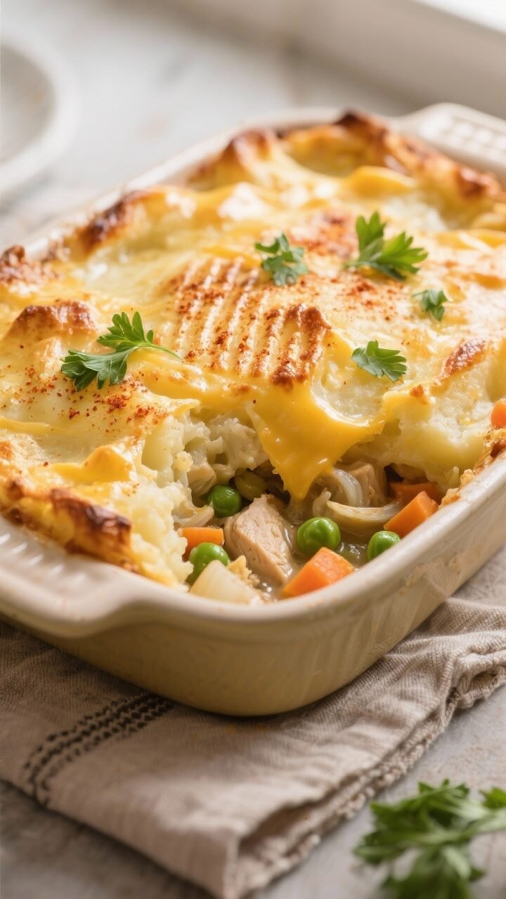 Close-up detail of the golden, rustic mashed potato topping on Chicken Cottage Pie just out of the o
