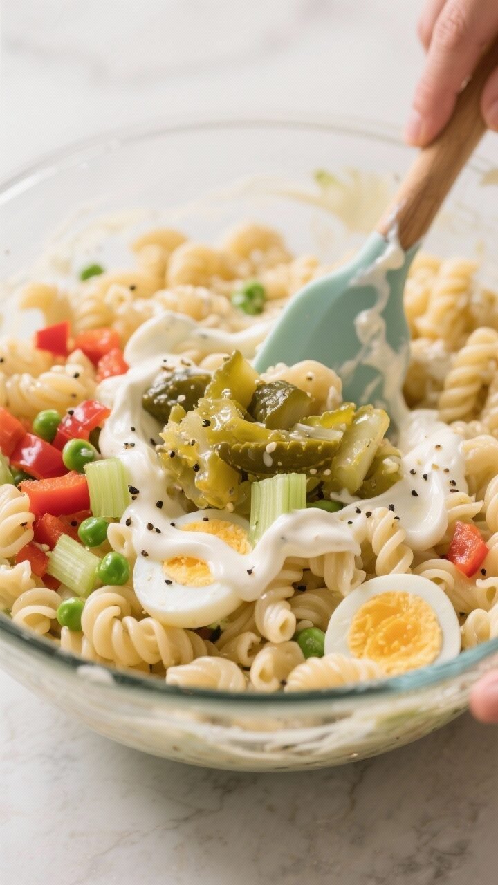 Close-up detail of the mixing stage: cooled, rinsed elbow macaroni being gently folded into the tang