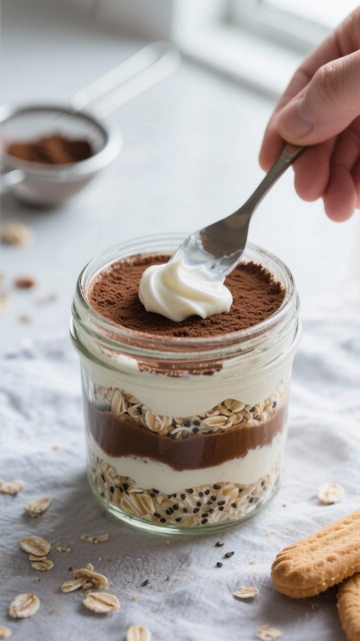 Close-up detail, process shot: A glass jar being layered with tiramisu-inspired overnight oats—fir