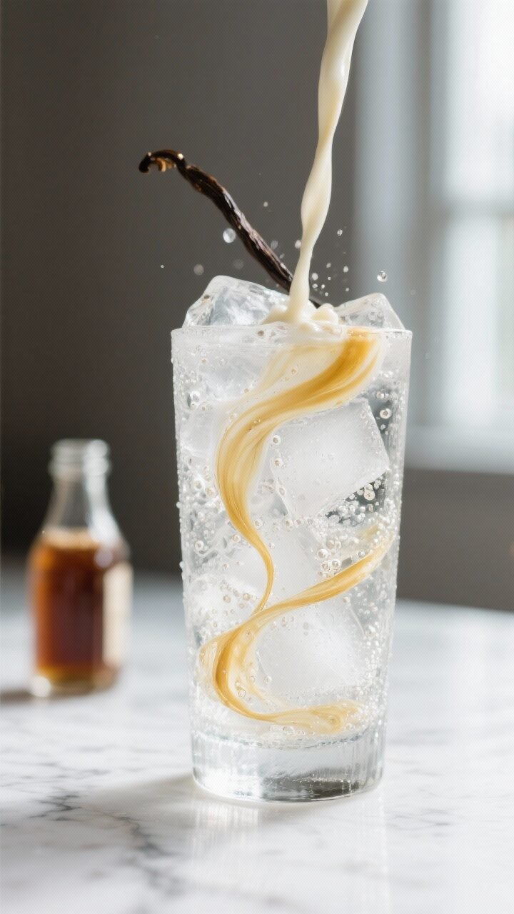 Close-up detail/process shot: A tall, frost-chilled highball glass just filled with crushed ice and 