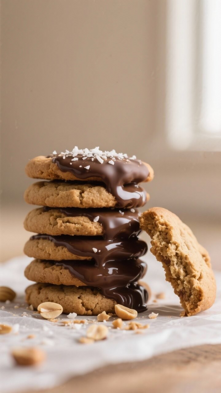 Close-up detail shot: A stack of chewy peanut butter cookies, each dipped halfway in glossy semi-swe