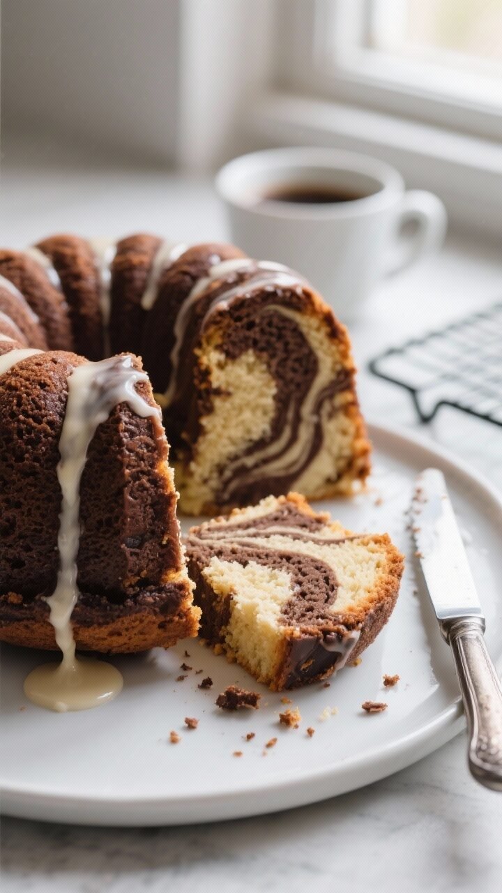 Close-up detail shot of a freshly sliced Chocolate Marble Bundt Cake, showcasing dramatic vanilla-an