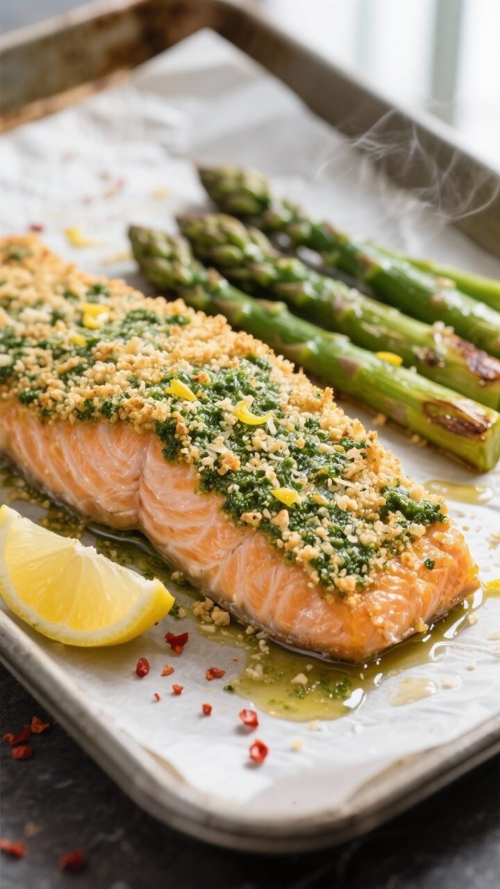 Close-up detail shot of baked basil pesto crusted salmon just out of the oven: focus on the golden, 