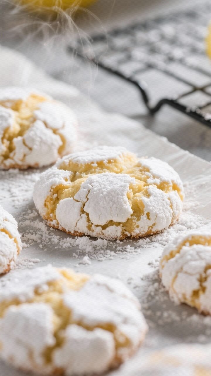 Close-up detail shot of freshly baked lemon crinkle cookies just out of the oven on a parchment-line