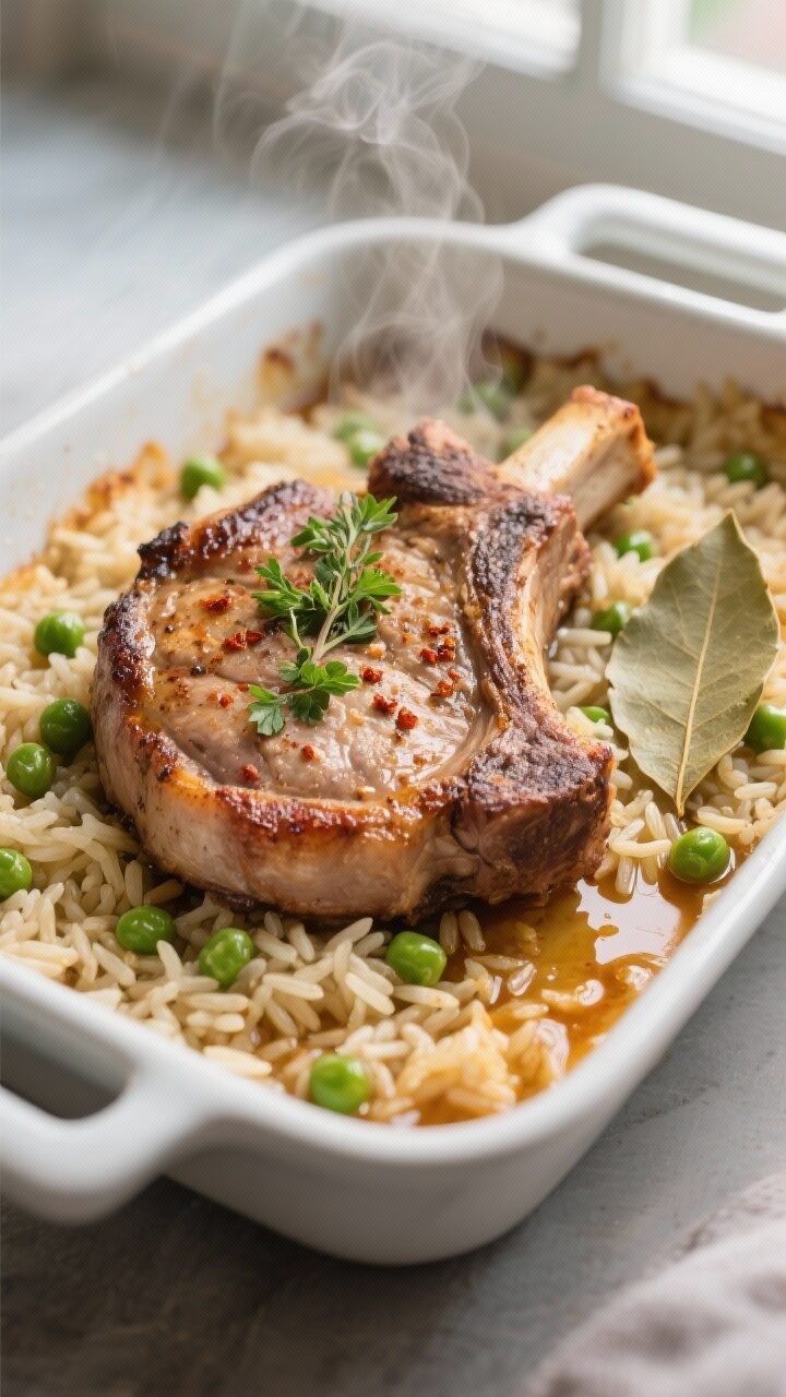 Close-up detail shot: Seared bone-in pork chop nestled into baked long-grain rice, edges of rice lig