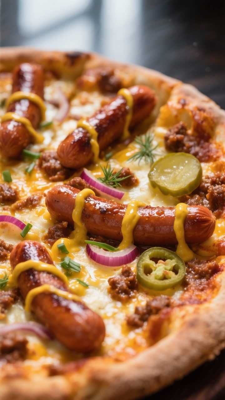 Close-up detail shot: Slices of browned hot dog coins sizzling on a just-baked Cheesy Chili Dog Pizz