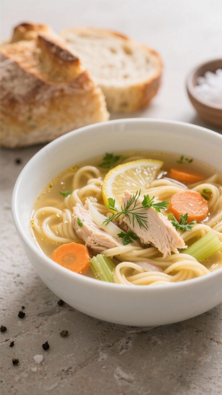 Close-up final bowl presentation: a deep white bowl filled with cozy crockpot chicken noodle soup, s