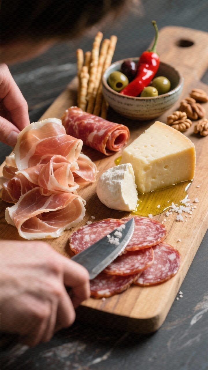 Close-up process shot focusing on meat and cheese arrangement: hands off-frame, no people visible—