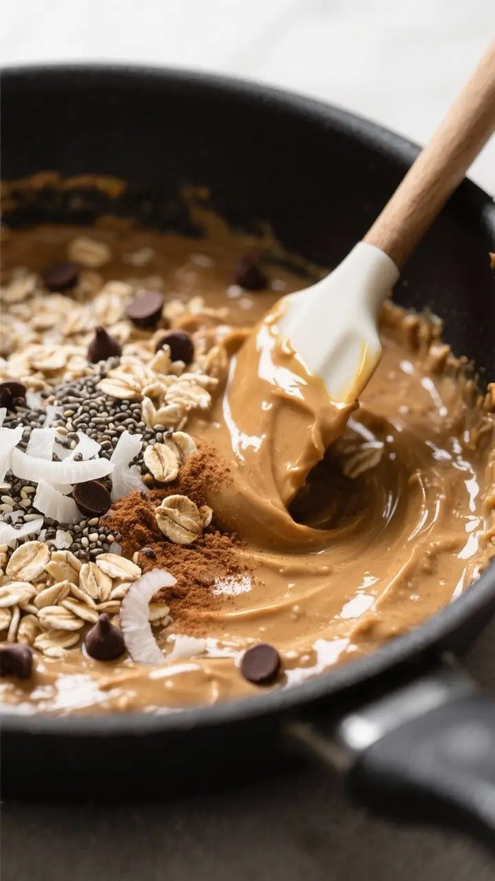 Close-up process shot: Warm, glossy peanut butter–maple–coconut oil mixture folding into rolled 