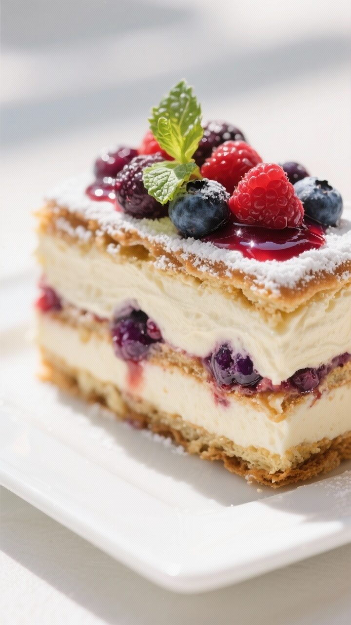 Close-up, three-quarter angle of the final chilled Berry Tiramisu slice on a white square plate: dis