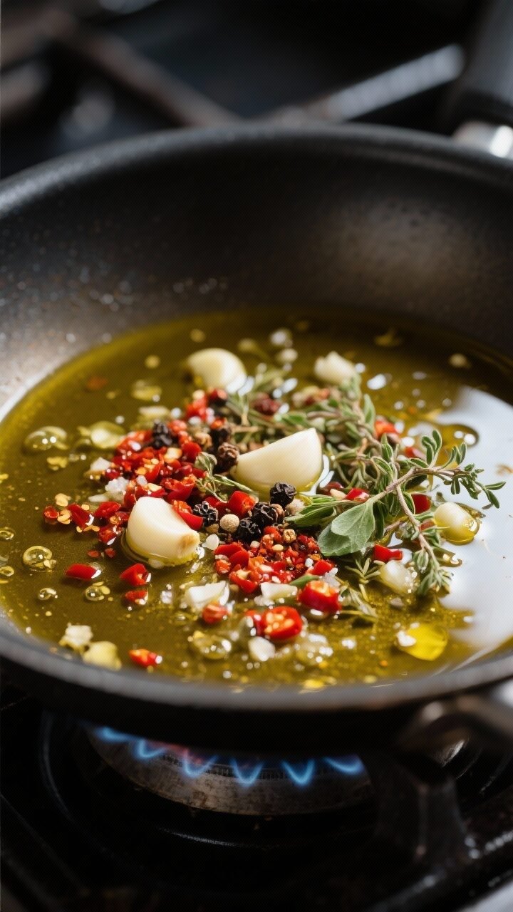 Cooking process close-up: A small skillet on low heat with extra-virgin olive oil gently blooming fi