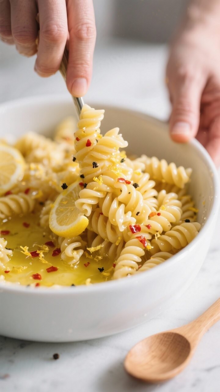 Cooking process close-up: Al dente rotini just drained and rinsed, being tossed while still slightly