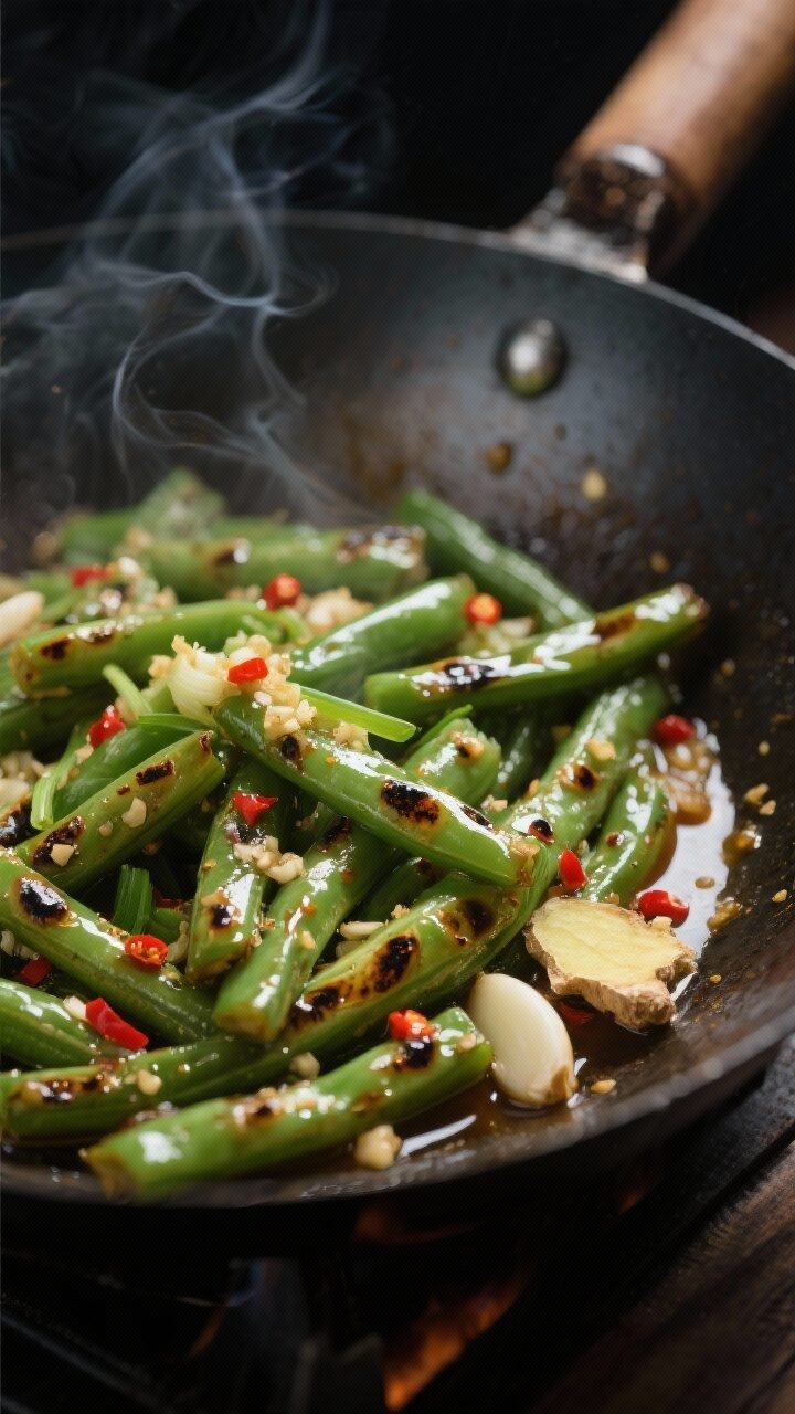 Cooking process, close-up blistering: Close-up of spicy Asian green beans searing in a carbon-steel 