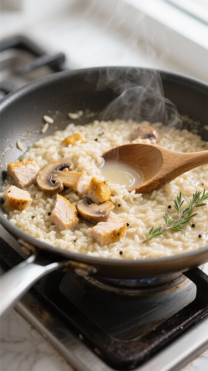 Cooking process close-up: Creamy chicken and mushroom risotto mid-cook in a wide, heavy-bottomed sau