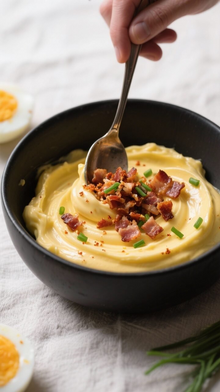 Cooking process close-up: Crispy bacon crumbles being folded into ultra-smooth deviled egg yolk fill
