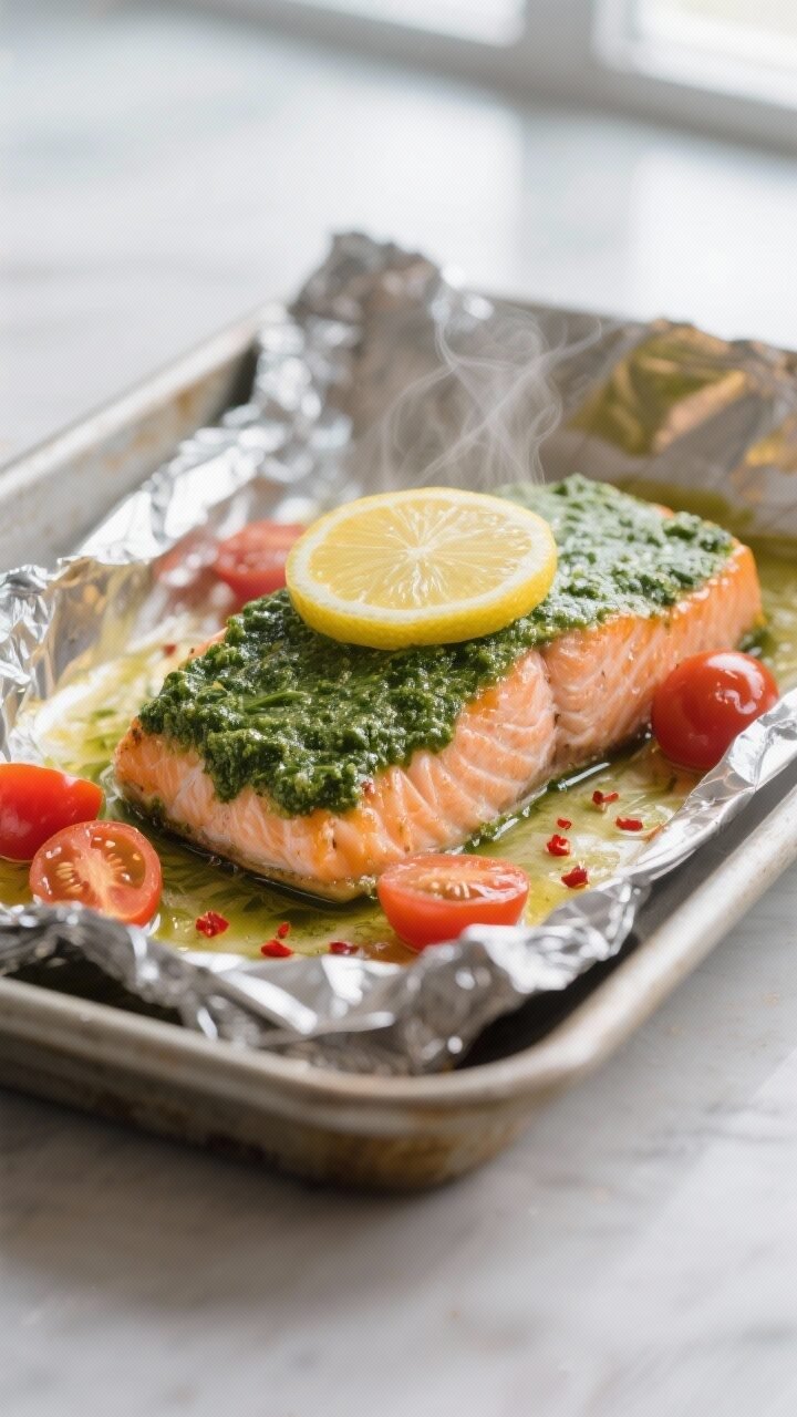 Cooking process, close-up detail: A just-opened foil packet of baked basil pesto salmon on a rimmed 