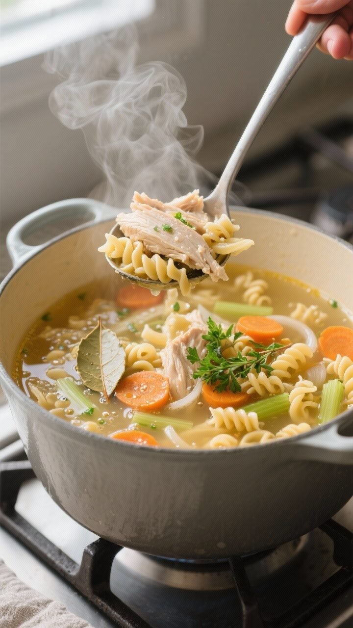 Cooking process, close-up detail: A steamy ladle lifting chicken noodle soup from a Dutch oven at a 