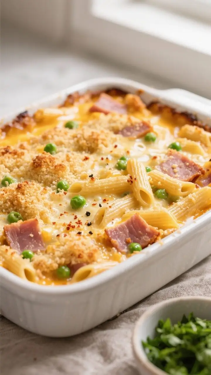 Cooking process, close-up detail: Close-up of bubbling ham and cheese casserole just out of the oven