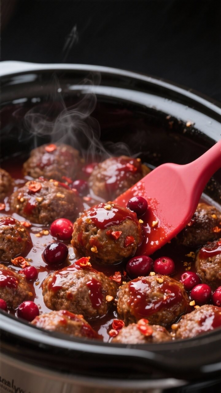 Cooking process, close-up detail: Close-up of glossy cranberry-chili sauce–coated meatballs simmer