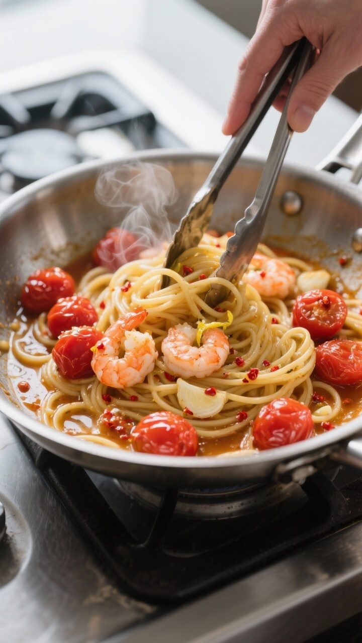 Cooking process, close-up detail: In a wide stainless-steel skillet, cherry tomato shrimp pasta mid-