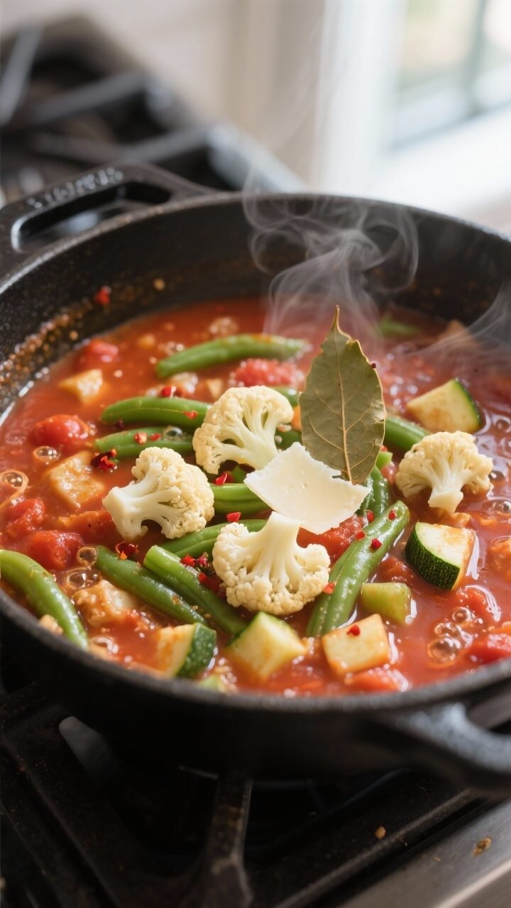 Cooking process, close-up detail: Low-carb minestrone simmering in a wide, matte-black Dutch oven, c