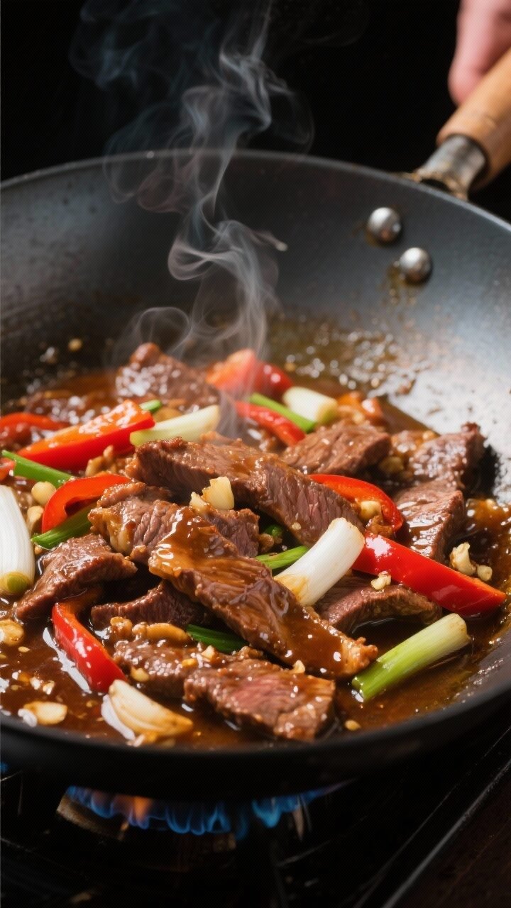 Cooking process, close-up detail: Mongolian Beef sizzling in a carbon-steel wok over medium-high hea