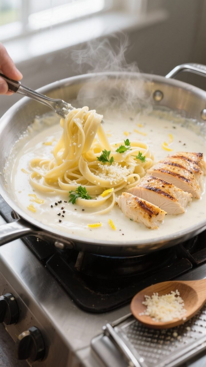 Cooking process, close-up detail: Silky lightened Alfredo sauce being finished in a wide stainless-s