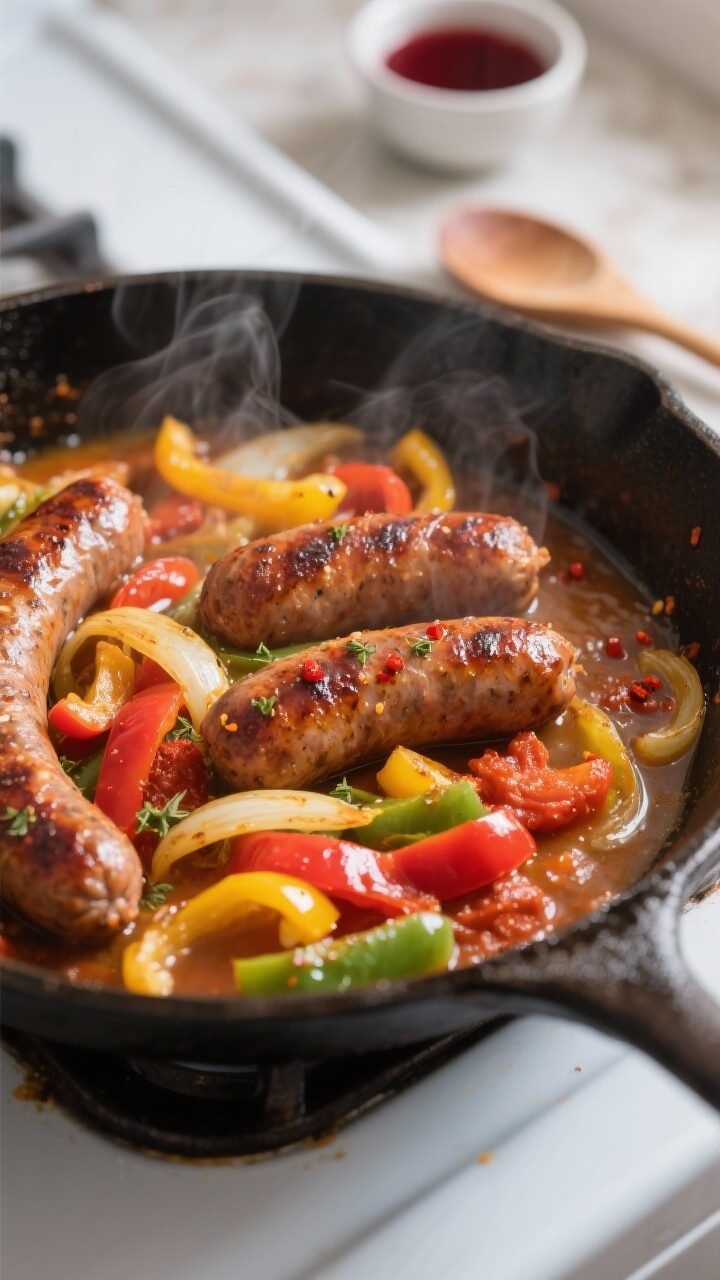 Cooking process, close-up detail: Sizzling sausage and peppers skillet mid-cook — browned Italian 