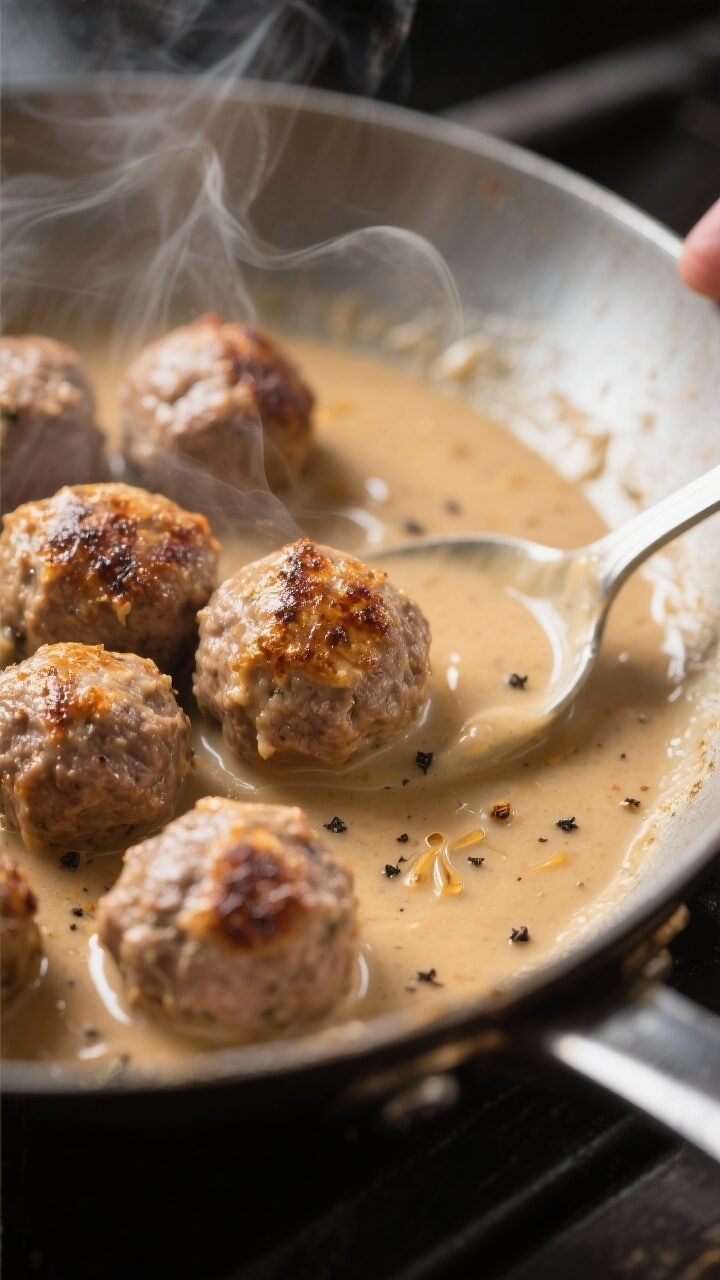 Cooking process, close-up detail: Small Swedish beef meatballs browning in a buttered skillet, golde